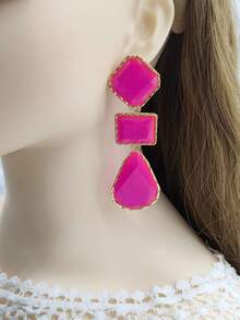 1 cặp bông tai dạng hình học bất đối xứng nhiều màu bằng polyresin theo phong cách châu Âu và Mỹ dành cho phụ kiện thời trang nữ - Màu Hồng Tươi - Xem 2