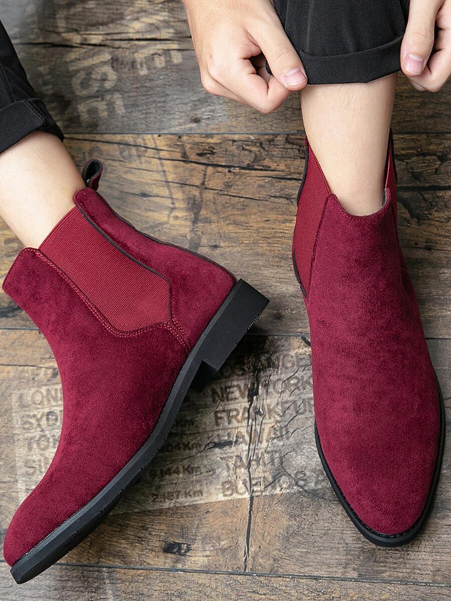 時尚酒紅色靴子適用於極簡一腳蹬仿麂皮切爾西靴 - 酒紅色 - 查看 1