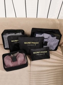 QYeah 6pcs Letter Graphic Travel Storage Bag, Multifunction Laundry Pouch For Travel - Black - View 6