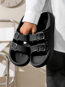 酷拖鞋適用於女士雙搭扣裝飾拖鞋 - 黑色 - 查看 2