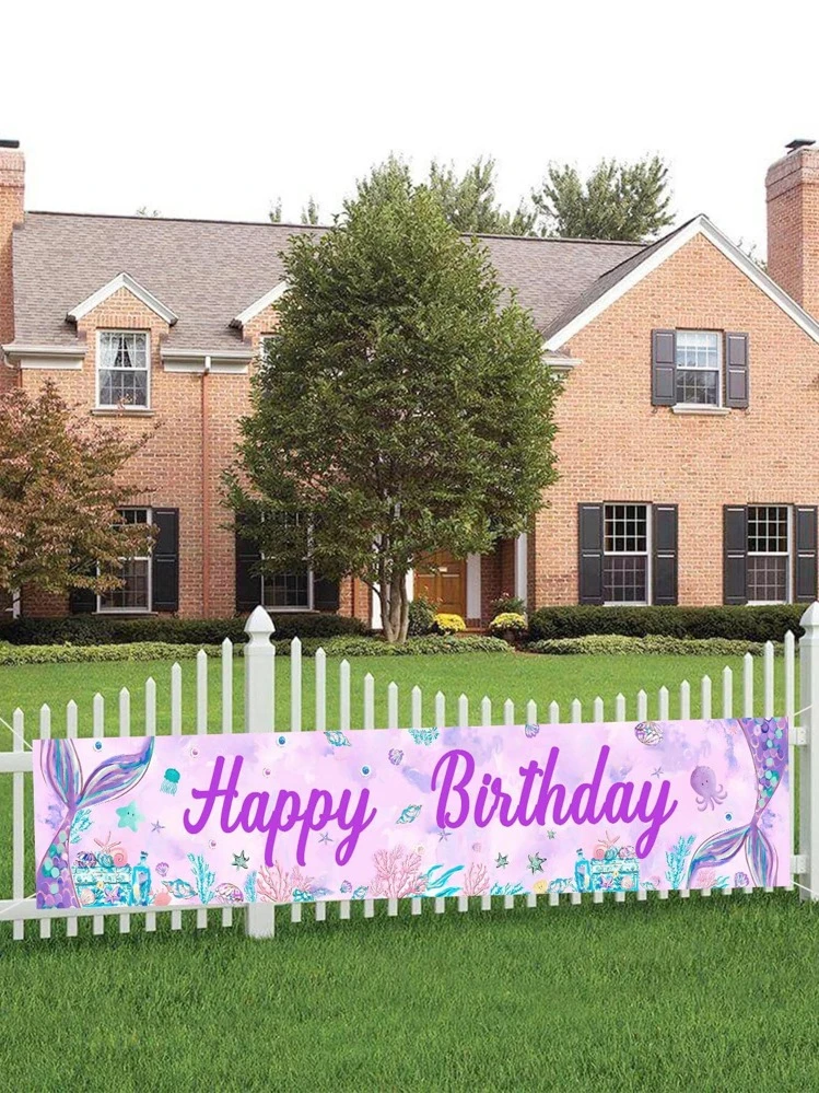 1Pc Mermaid Birthday Banner, 1s Birthday Party Background Decoration Supplies Background Cloth Banner - Multicolor - View 3