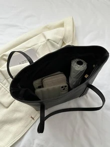 时尚大容量/纯色单肩手提包，带接缝细节和压花图案 - 黑色 - 查看 5