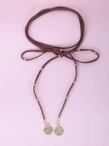 1 chiếc vòng cổ da dài Boho, vòng cổ quấn da đen, vòng cổ đồng xu đĩa cổ điển, vòng cổ da lộn Vagan, trang sức dạng chuỗi cho phụ nữ và trẻ em gái - màu nâu - Xem 4