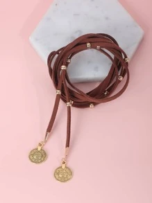1 chiếc vòng cổ da dài Boho, vòng cổ quấn da đen, vòng cổ đồng xu đĩa cổ điển, vòng cổ da lộn Vagan, trang sức dạng chuỗi cho phụ nữ và trẻ em gái - màu nâu - Xem 2