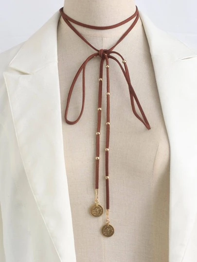 1 pieza Collar largo estilo boho, collar choker envolvente negro, collar vintage de moneda con disco, collar de cadena vegana para mujeres y niñas