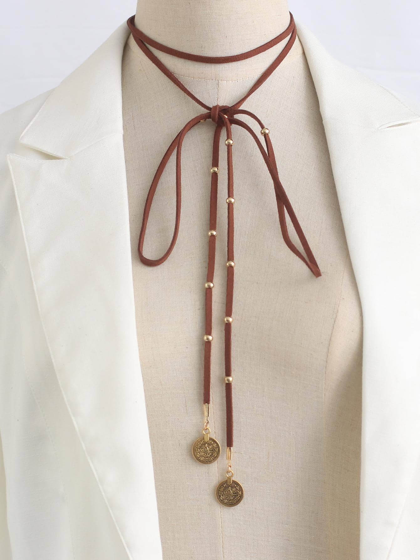 1 chiếc vòng cổ da dài Boho, vòng cổ quấn da đen, vòng cổ đồng xu đĩa cổ điển, vòng cổ da lộn Vagan, trang sức dạng chuỗi cho phụ nữ và trẻ em gái - màu nâu - Xem 1