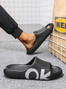 Cool Slides For Women, Letter Graphic Single Band EVA Slippers - Black - View 4