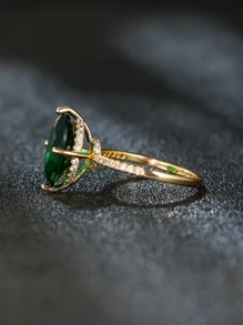 1pc Exquisite Cubic Zirconia Oval Decor Ring For Women For Engagement Gift - Green - View 3