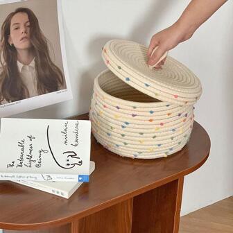 1入組帶蓋圓形編織桌面儲物籃，家用簡約布藝多用途儲物籃