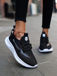 Giày thể thao trang trí chữ cái nữ, Thiết kế buộc dây thể thao Giày chạy bộ cổ thấp chống trơn trượt cho hoạt động ngoài trời - Đen và trắng - Xem 2