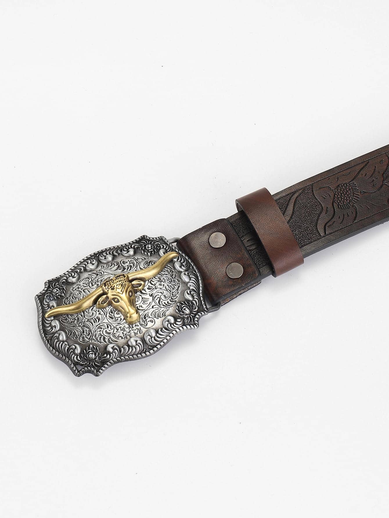 1入組男士花壓花黃牛頭部裝飾幾何搭扣復古皮帶日常裝飾 - 咖啡棕 - 查看 1