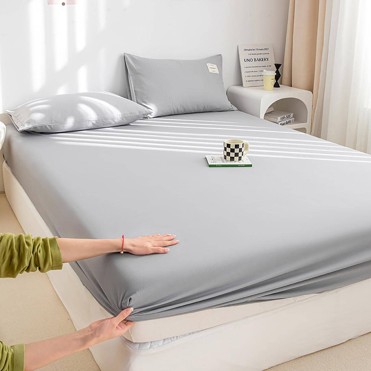 1 pieza Sábana bajera ajustable unicolor ajustado diariamente de tela multi-tamaño para cama - Gris - Ver 1