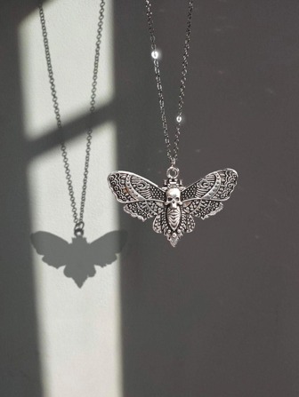 Skull Detail Moth Charm Necklace