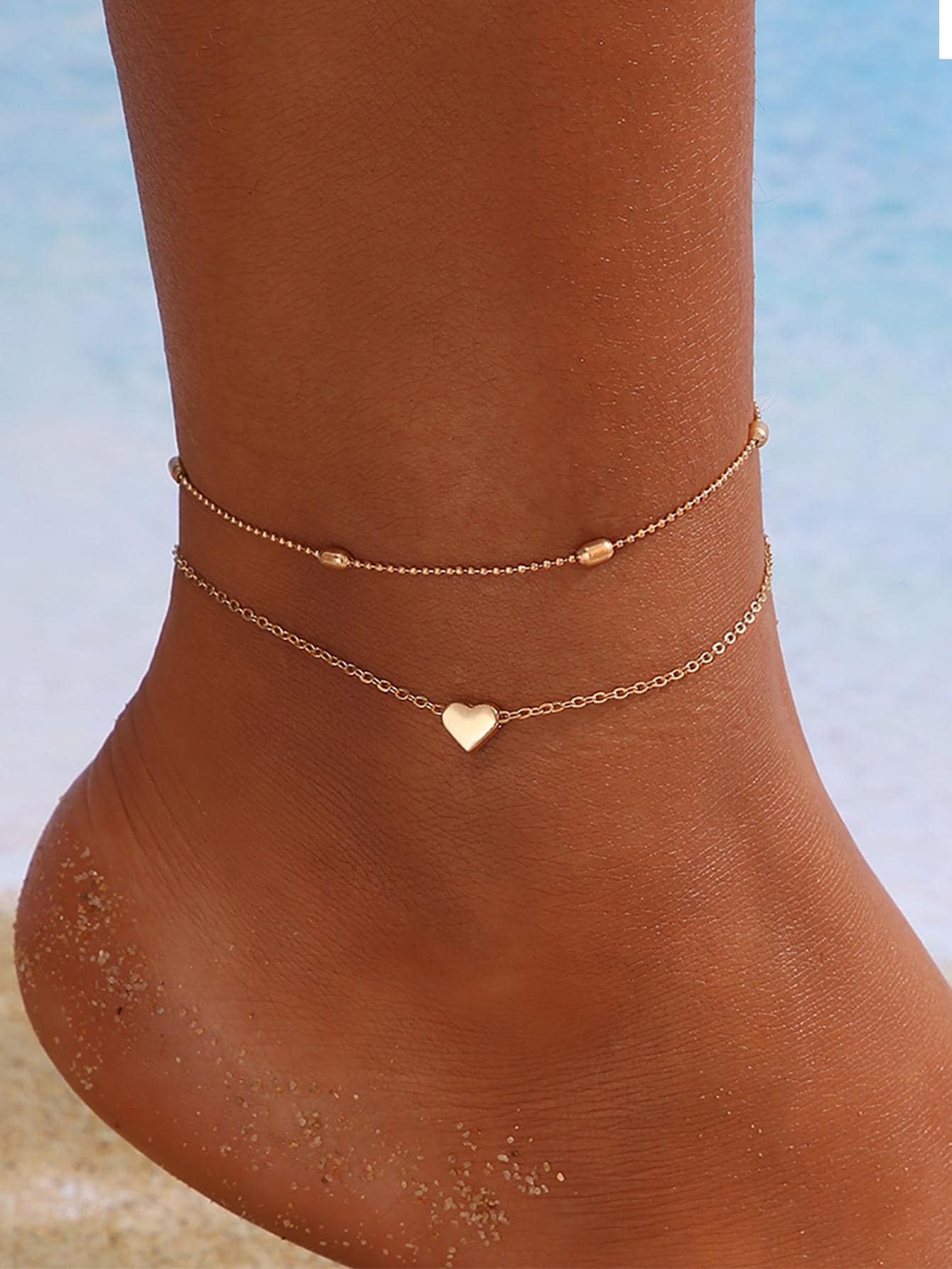 Heart Decor Layered Anklet Valentines - Yellow Gold - View 1