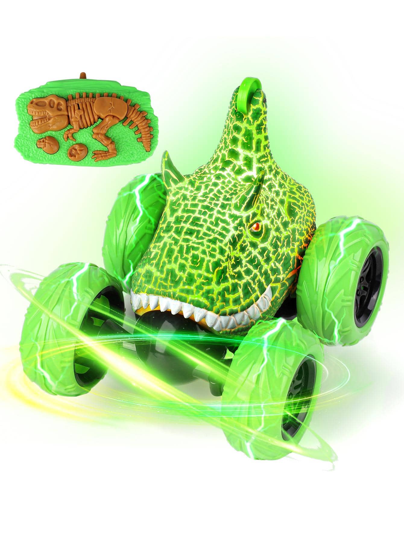 Remote Control Car, Dinosaur Toys RC Stunt Car 360°Rolling with LED Headlights, Rechargeable RC Car Dinosaur Toys Gifts for 4 5 6 7 8-12 Year Old Boys Girls Kids - 綠色 - 查看 1