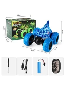 Remote Control Car, Dinosaur Toys RC Stunt Car 360°Rolling with LED Headlights, Rechargeable RC Car Dinosaur Toys Gifts for 4 5 6 7 8-12 Year Old Boys Girls Kids - Màu xanh lam - Xem 8