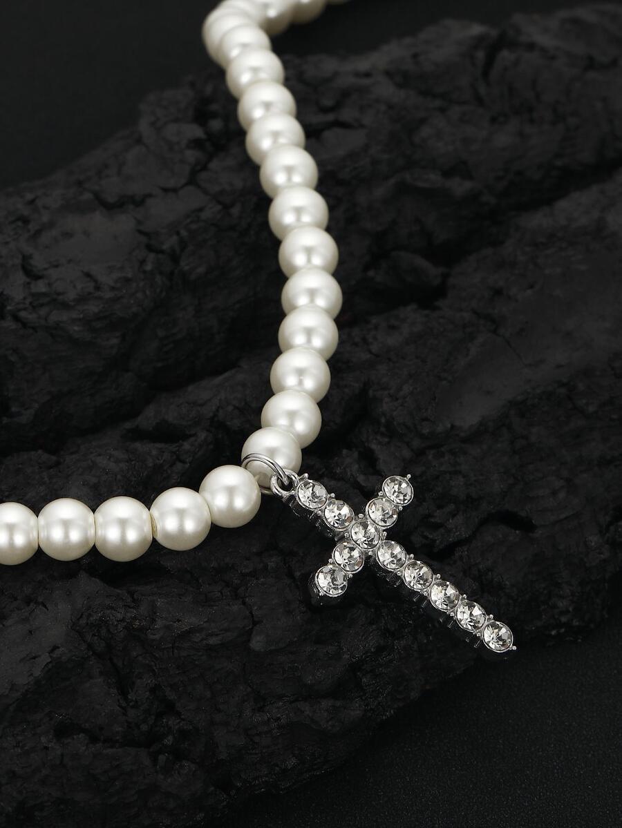 1 Miếng Hip-hop Pha lê Bùa chéo Ngọc trai giả Đính cườm Dây chuyền Cho nam giới NỮ Để Trang Trí Hàng Ngày Buổi tiệc - trắng - Xem 1