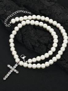 1 Miếng Hip-hop Pha lê Bùa chéo Ngọc trai giả Đính cườm Dây chuyền Cho nam giới NỮ Để Trang Trí Hàng Ngày Buổi tiệc - trắng - Xem 2