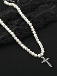 1 Miếng Hip-hop Pha lê Bùa chéo Ngọc trai giả Đính cườm Dây chuyền Cho nam giới NỮ Để Trang Trí Hàng Ngày Buổi tiệc - trắng - Xem 4