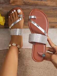 Phụ nữ trang trí bằng kim loại Rhinestone Thong Sandals, Sequins quyến rũ Sandals bạc - Bạc - Xem 7