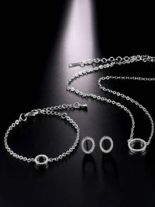 4 cái/bộ Đúng mốt Giường đơn Thiết kế Vòng Khối Zirconia  Tai Trụ , Dây chuyền , Bộ vòng đeo tay Đối với phụ nữ , Thích hợp Đối với Mặc hàng ngày , Buổi tiệc Và Qủa tặng - Bạc - Xem 1