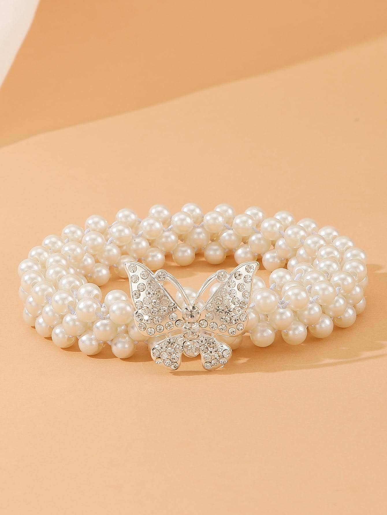 Rhinestone bướm trang trí thắt lưng đính cườm ngọc trai giả - trắng - Xem 1