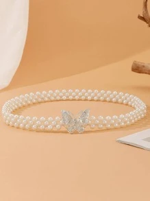 Rhinestone bướm trang trí thắt lưng đính cườm ngọc trai giả - trắng - Xem 2