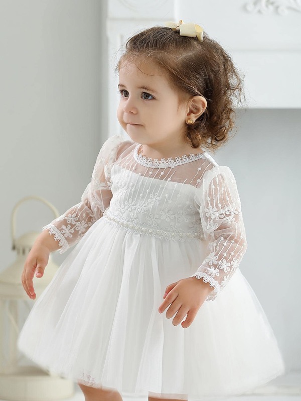 Flower Lace Embroidery Elegant Long Sleeve Princess Dress For Baby Girl, Perfect For Party, Wedding, 100th Day And Birthday Gathering