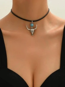 1pc Bull Head Pendant Necklace, Suitable For Daily Wear - Antique Silver - View 1