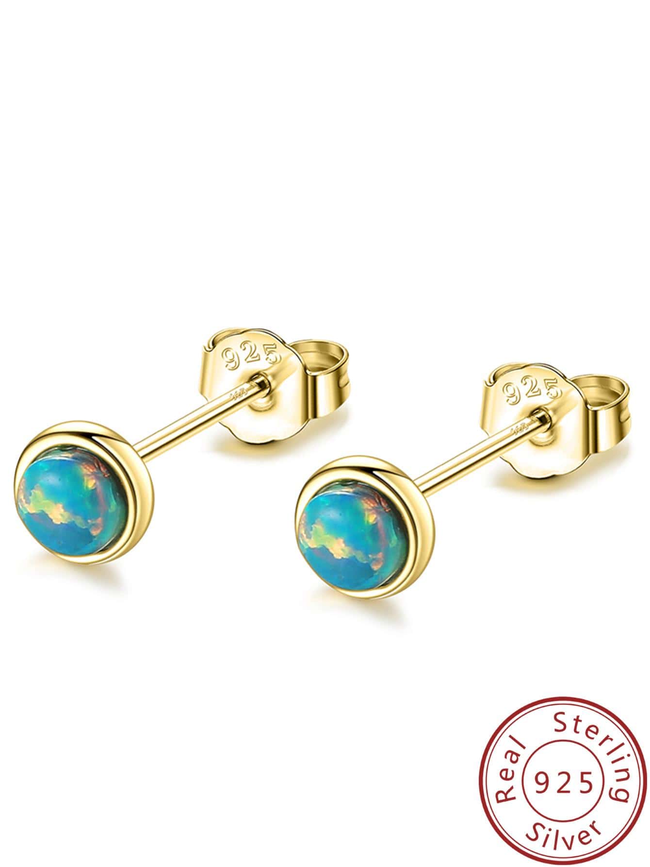 精美蛋白石設計純銀耳釘適合女士日常裝飾 - 金色 - 查看 1