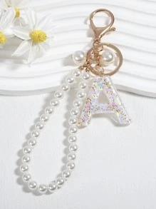 Faux Pearl Beaded & Letter Charm Keychain - White - View 1