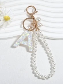 Faux Pearl Beaded & Letter Charm Keychain - White - View 2
