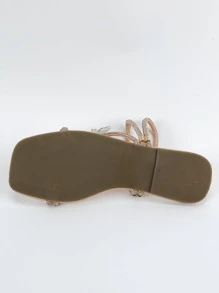 Sandalias planas con lazo decorado con diamantes de imitación para mujer, color champán, adecuadas para vacaciones y uso informal