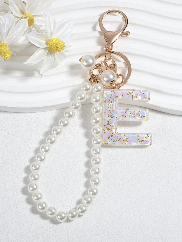 Faux Pearl Beaded & Letter Charm Keychain SHEIN USA
