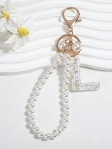 珍珠串珠和字母墜飾鑰匙圈 - 白色 - 查看 1