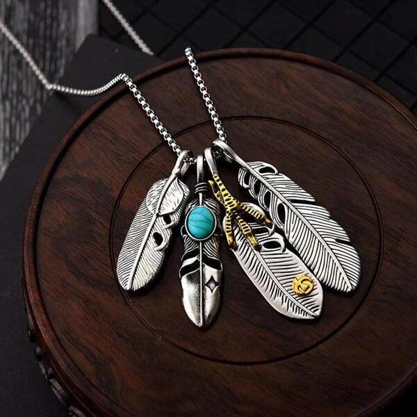 Vintage Zinc Alloy Turquoise Decor Feather Pendant Necklace For Men Women For Daily Decoration