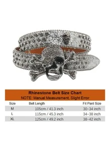 奢華設計師水鑽扣飾男士牛仔褲皮帶,最新獨有設計,銀大骷髏水鑽腰帶&女性原宿Y2K西部風格金屬亮絲皮帶
