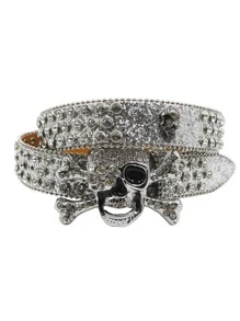 奢華設計師水鑽扣飾男士牛仔褲皮帶,最新獨有設計,銀大骷髏水鑽腰帶&女性原宿Y2K西部風格金屬亮絲皮帶