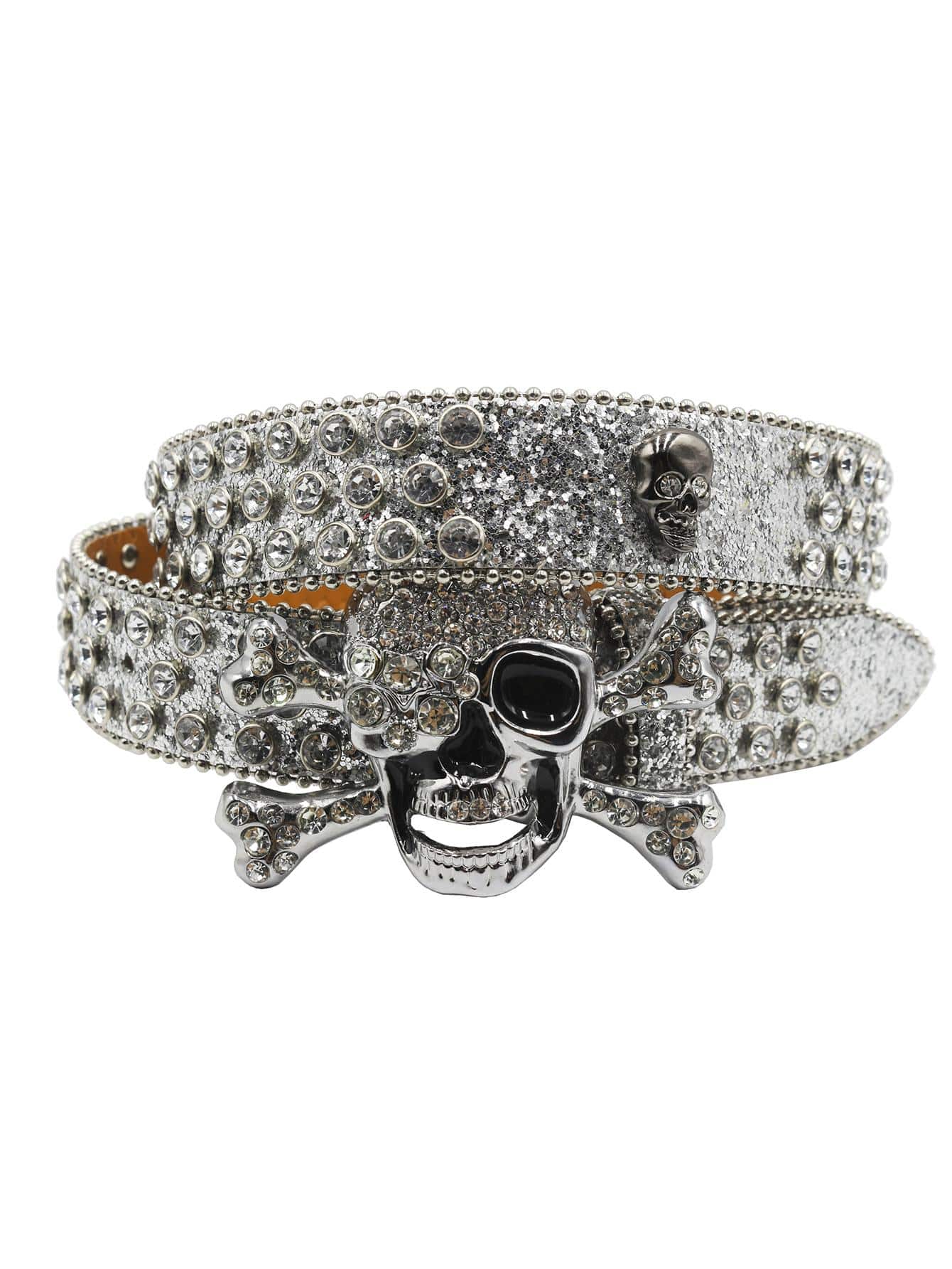 奢華設計師水鑽扣飾男士牛仔褲皮帶,最新獨有設計,銀大骷髏水鑽腰帶&女性原宿Y2K西部風格金屬亮絲皮帶