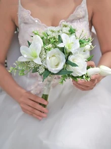 Flower & Faux Pearl Decor Wedding Bouquet - Multicolor - View 1