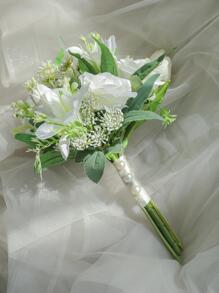 Flower & Faux Pearl Decor Wedding Bouquet - Multicolor - View 2