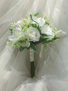 Flower & Faux Pearl Decor Wedding Bouquet - Multicolor - View 3