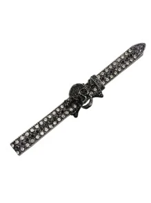 Men Skull & Rhinestone Decor Belt - Black and White - View 4