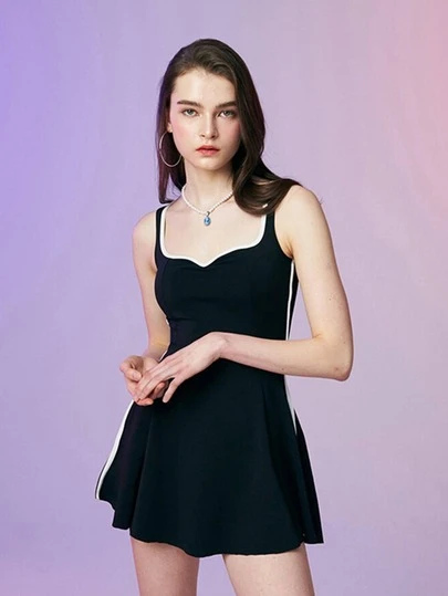 撞色滾邊連體泳衣