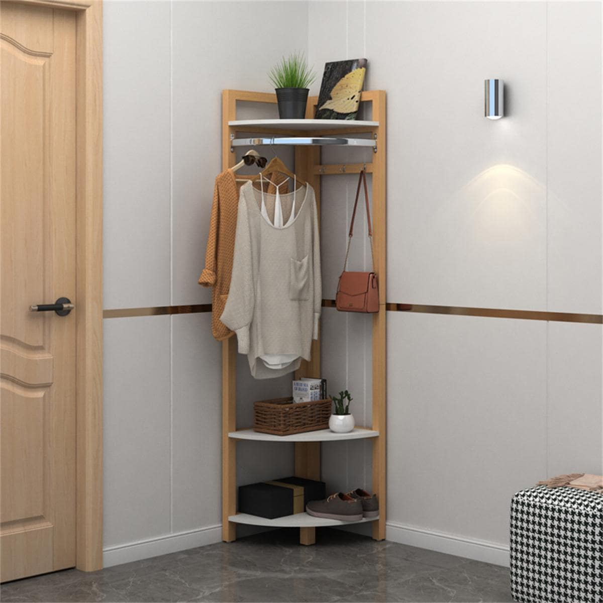 Wood Corner Floor Shelf  Coat Rack Corner Stand Storage Display Rack for Living Room  Corner Multi Layer Storage Rack Corner Hanger - White - View 1