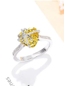 奢華心形立方氧化鋯戒指求婚、訂婚、情人節禮物 - 黃色 - 查看 5