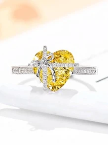 奢華心形立方氧化鋯戒指求婚、訂婚、情人節禮物 - 黃色 - 查看 1