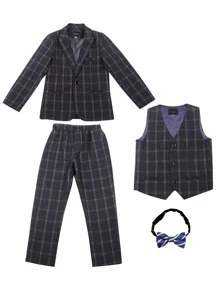 Toddler Boys Plaid Print Blazer & Waistcoat & Pants & Bow Tie - Dark Grey - View 1