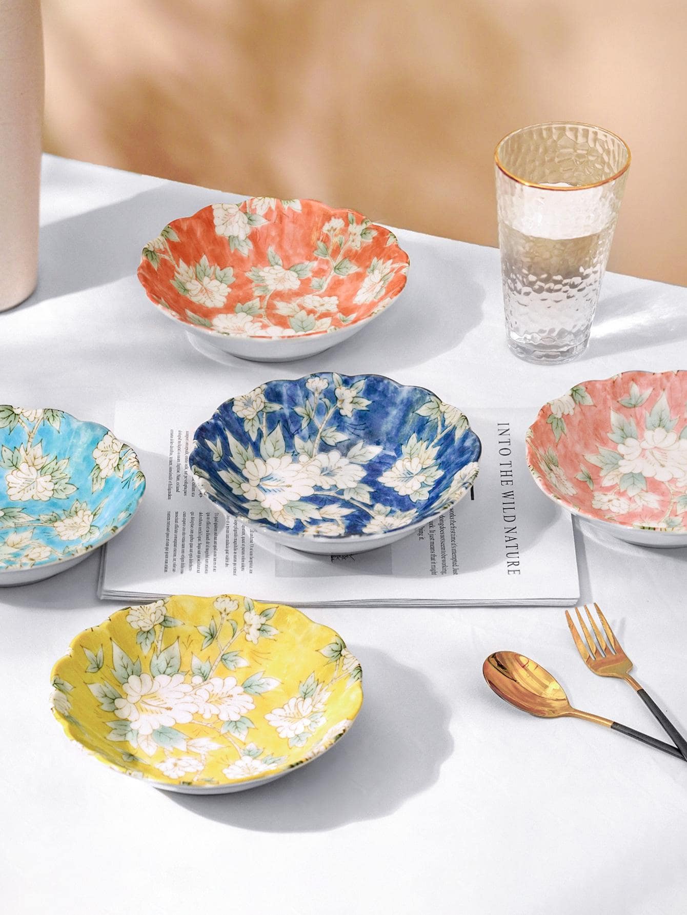 100pcs Flower Print Plate, Red Colorful Porcelain Salad Plate For Household - Red - View 1