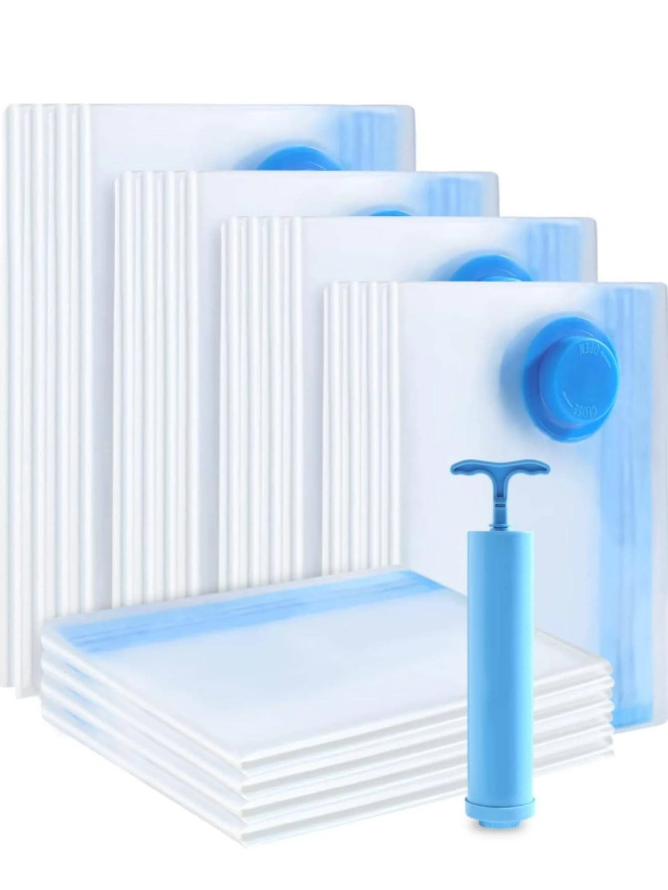 5 件装便捷真空袋，带 1 个吸力泵，适用于家庭收纳袋、棉被、衣服真空收纳袋、防水压缩旅行节省空间气囊、装饰品、节日装饰、房间装饰、家居装饰、卧室装饰、卧室、收纳袋、收纳袋、家庭收纳、女式白色 T 恤、女式黑色裤子、女士冬装、连衣裙、女士冬装、优雅女装、女士白衬衫、长袖、女士白色连体裤、女士春装、女士春装、春季、春装、极简主义、夏季上衣